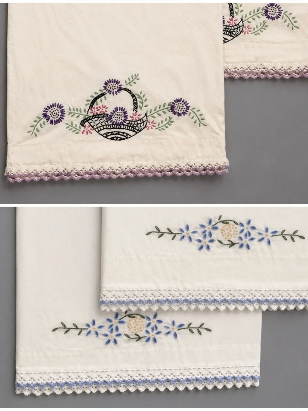 4 vintage pillowcases - embroidered floral queen size- crochet trim, cool colors